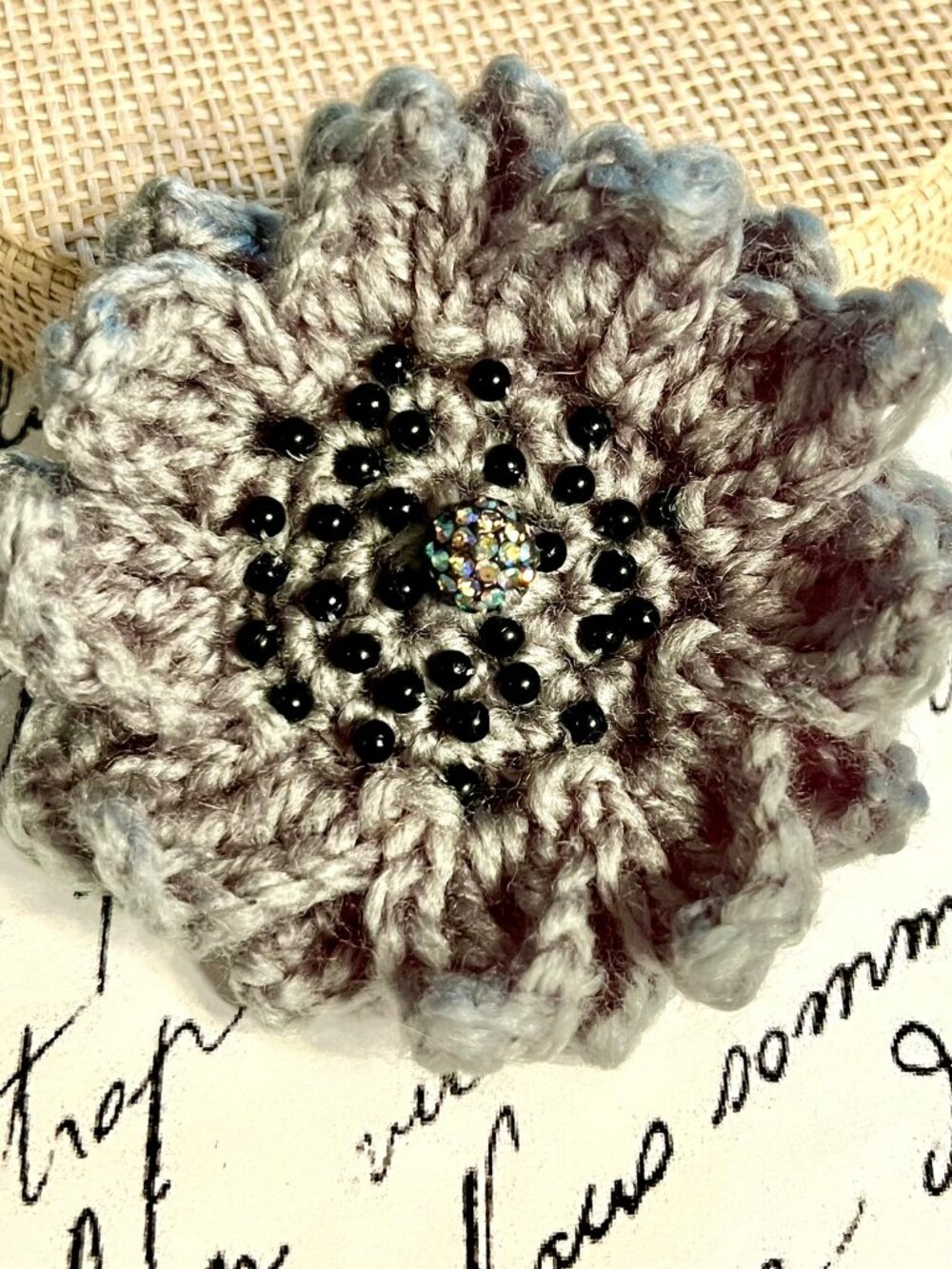 Beautiful Grey-Blue SUNFLOWER Hand Crocheted BROOCH/KEYCHAIN/BAG CHARM